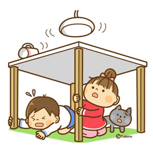 地震が起きて、テーブルの下に隠れている女の子と男の子とネコのイラスト