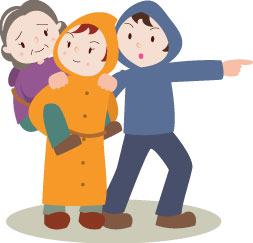 レインコート姿で女性を背負う人とその傍らでフードを被った人が誘導しているイラスト