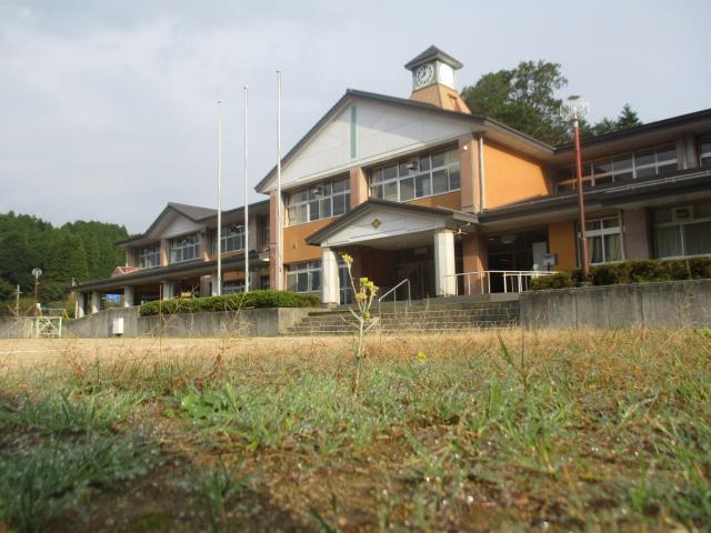 自然に囲まれたオレンジ色の校舎の写真