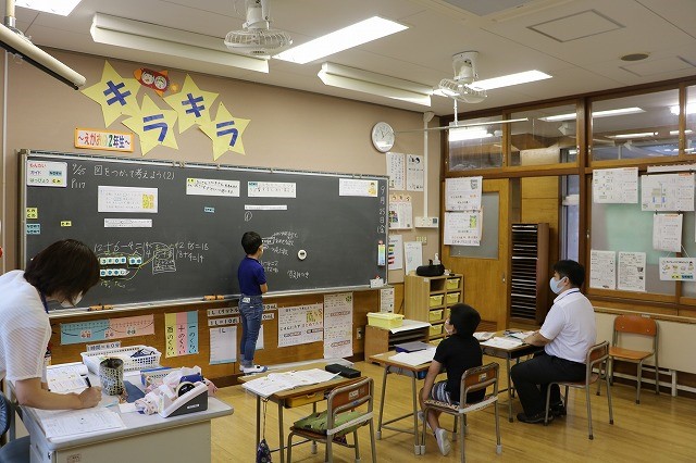 一人の生徒と一人の男性が机に座り、その前に立ち黒板を指差す生徒の説明を聞いている写真