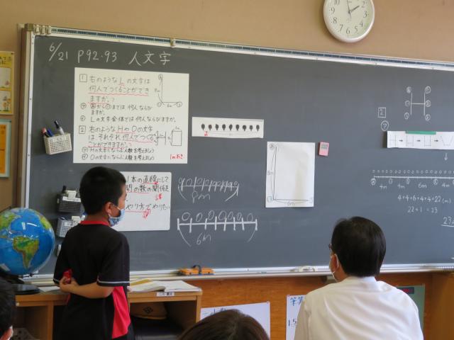 「人文字」と書かれ、資料が沢山貼られている黒板を一人の生徒が白いワイシャツ姿の男性と一緒に見つめている写真