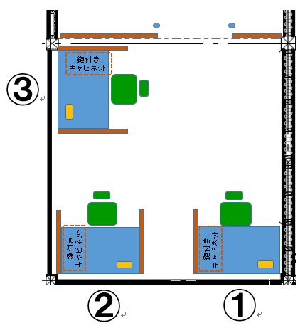 有馬富士共生センターに3席あるリモートワーク用ブースの配置図