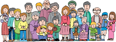 老若男女たくさんの人々が一か所に固まって笑顔でいる三田市家族の日のイメージイラスト
