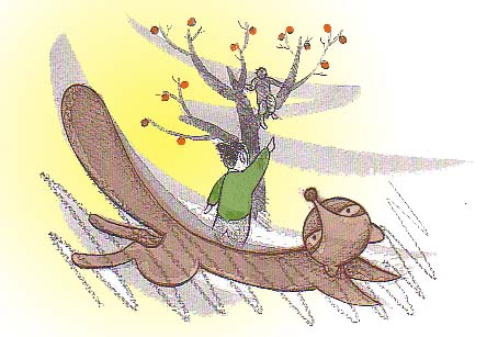 イラスト：柿の木に登る男の子と、その脇で二人を見ている狸のイラスト