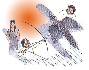 弓矢を放つ霊神と、雉鳥と天雅彦のイラスト