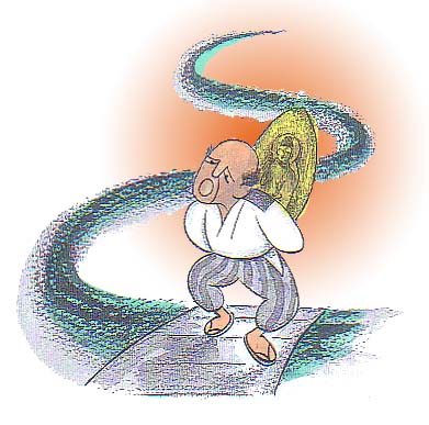 あつーくなる阿弥陀さんを背負った男が苦しみながら橋を渡っているイラスト