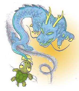 飛び立とうとする竜の尾に、亀がかみついているイラスト