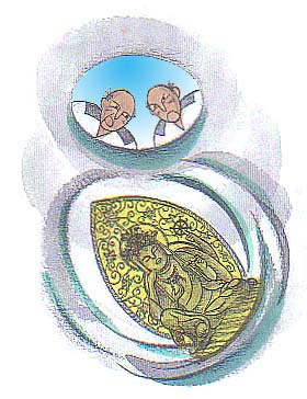 ふしぎな如意輪観音様と、井戸をのぞき込む二人の男のイラスト