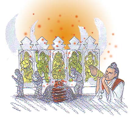 ほら貝を吹き鳴らす男と、深田の五大力さんのイラスト