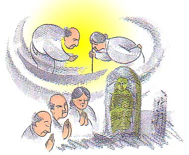 腰の曲がった老夫婦とお地蔵様のイラスト