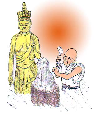 香下の観音さんと、道具を構えて彫像に勤しむ男のイラスト