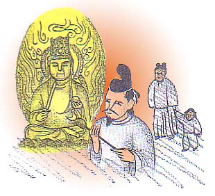 白い装束を着た一族が金色の菩薩像を祀っているイラスト