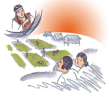 米作りが行われている村と三輪の神様たちのイラスト