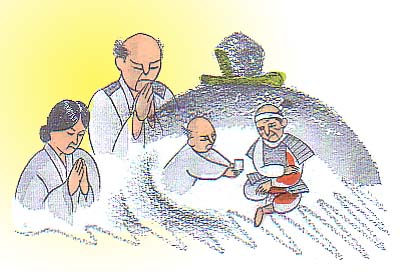 負傷した落ち武者のイメージと両手を合わせて腰痛が治るように祈願している村人たちのイラスト