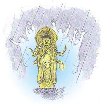 金色の弁天さんの周りに雨が降っているイラスト