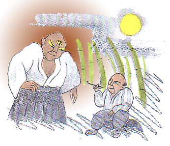 藪の中あらわれた大入道にキセルで煙を吹きかける男のイラスト