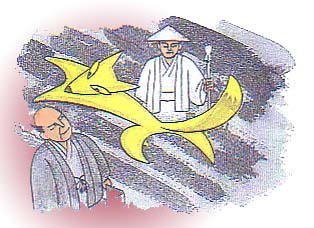 巡礼者に化けて出た狐と、通行人の男のイラスト