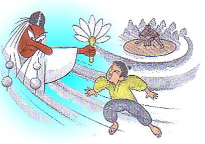 団扇を手にした天狗と男が向かい合い、背後では力士が相撲をとっているイラスト