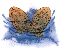 池に沈められている弥勒仏と薬師仏のイラスト