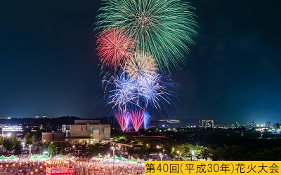 平成30年におこなわれた第40回三田まつりで打ち上げられた緑色の大玉花火と上から赤黄青色の小玉花火の写真