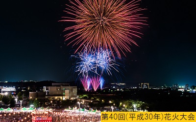 平成30年におこなわれた第40回三田まつりで打ち上げられた赤色の大玉花火と青色の小玉花火の写真