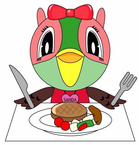 三田市のマスコットキャラクター、ハッピーが食事をしようとしているイラスト