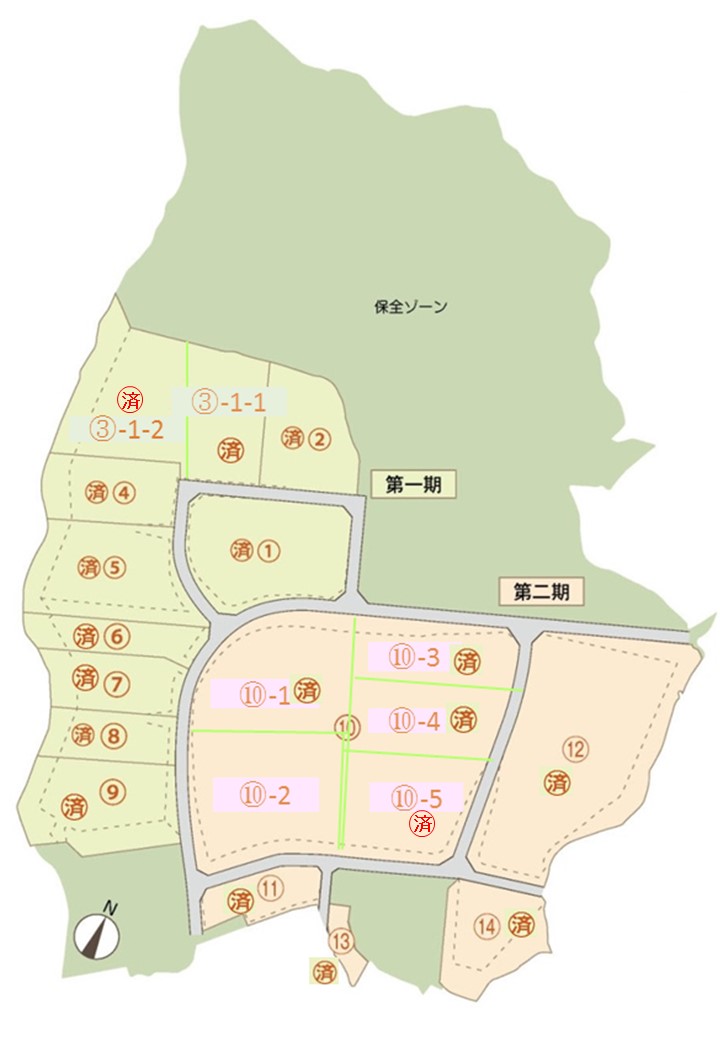 北摂三田第二テクノパークの分譲地の区画が記載されている地図