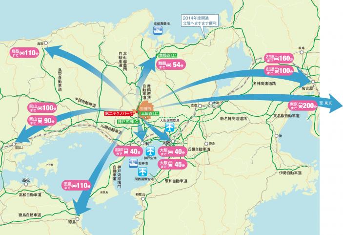 北摂三田第二テクノパークから周辺の主要な都市への所要時間が記載されている地図