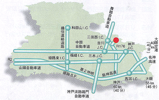 ニュー三田インダストリアルパークまでの主要道路によるアクセス図