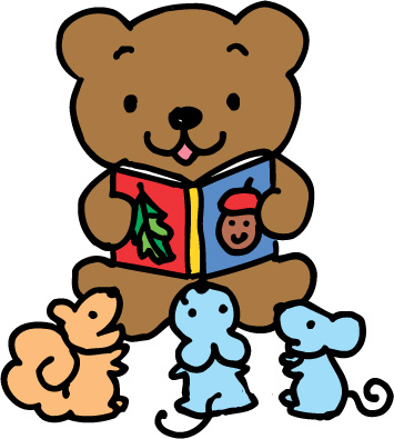 クマがネズミとリスに絵本読み聞かせをしているイラスト