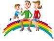 虹の上に男の子と男性と女性が座っているイラスト