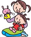 大人の女性が乳幼児を抱きかかえて、片手にうさぎの人形を持ちながらあやしているイラスト