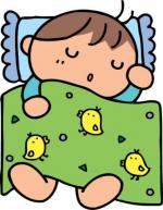 男の子が青い枕と緑色のタオルケットでお昼寝をしているイラスト