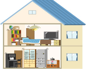 地震で冷蔵庫や棚、ピアノ、照明などが揺れている家屋のイラスト