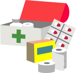 ガーゼの入った救急箱とカプセル剤と薬箱、テープの描かれた医薬品のイラスト