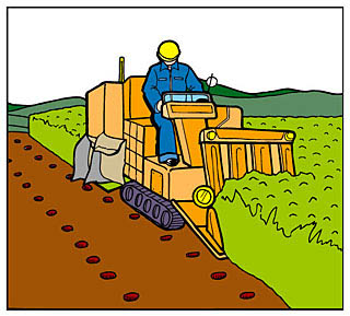 車両で農作物を刈り取っている様子が描かれた1次産業のイラスト