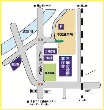 三田市役所本庁舎、2号庁舎、3号庁舎、南分館の位置を示した地図