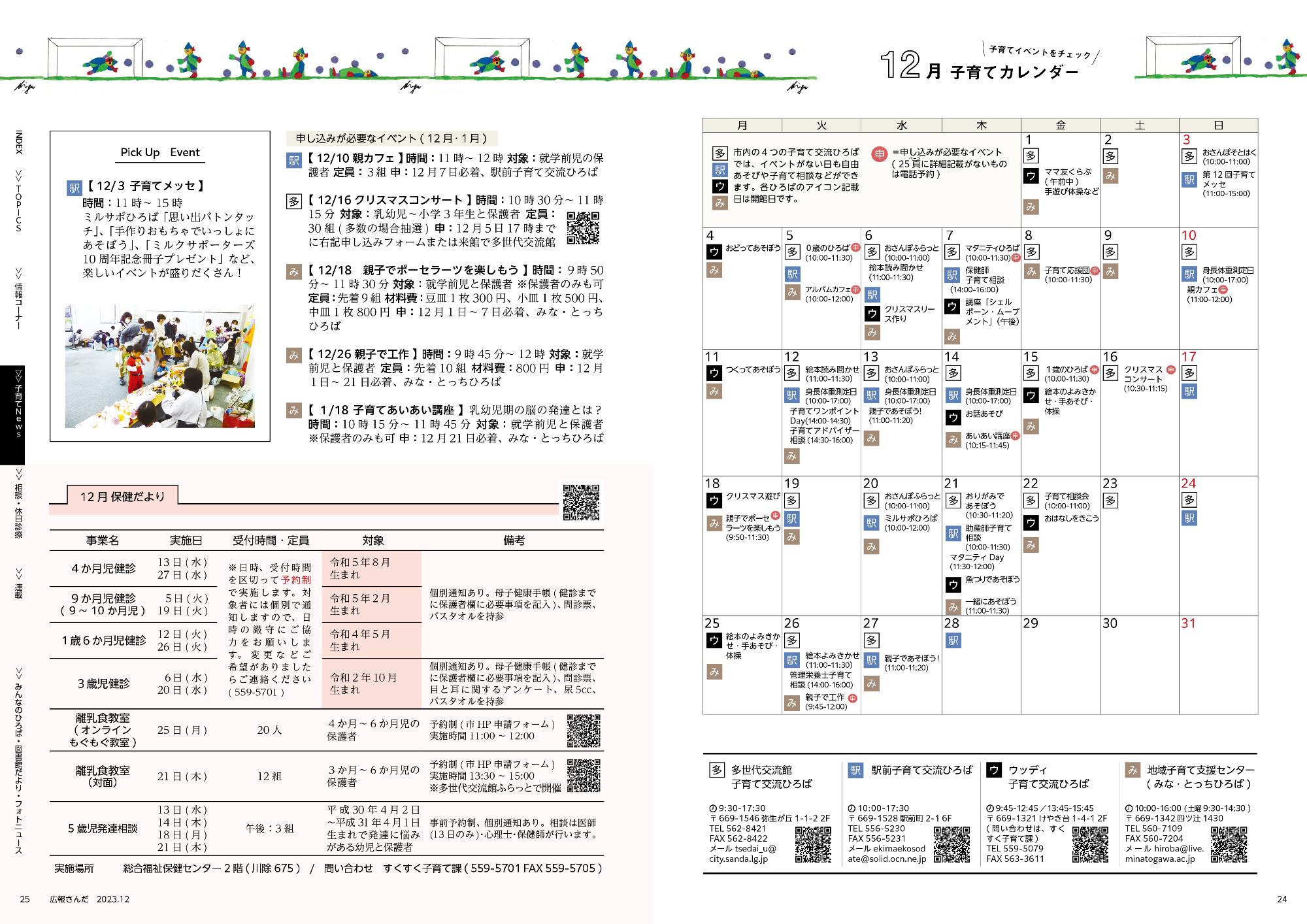 広報さんだ令和5年12月号子育てカレンダー