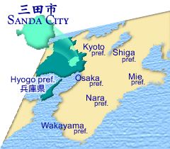 関西一帯の地図のなかで三田市の位置が示されているイメージ図