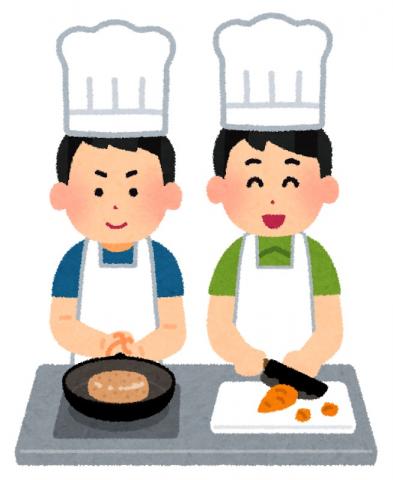 2人の男性が並んで料理をしているイラスト
