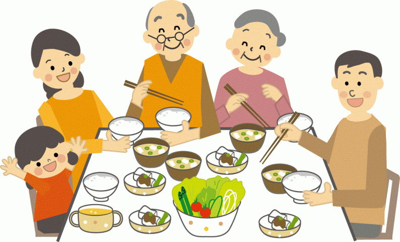 おじいちゃん、おばあちゃんと両親と子供が食卓を囲んでいるイラスト