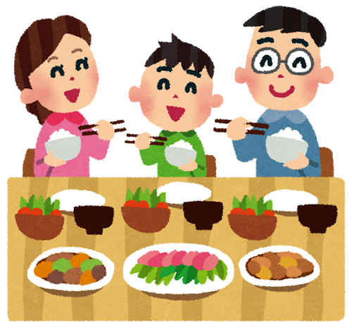 お母さんとお父さんの間で子供が喜んでいろいろな食材のご飯を食べているイラスト