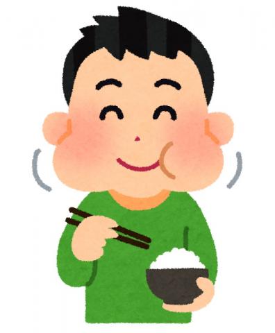 茶碗のご飯をよく噛んで食べている子供のイラスト
