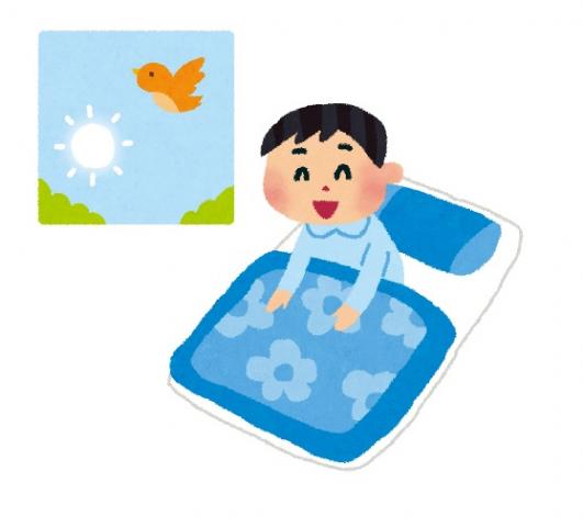 青い花柄の布団から半身を起こして、朝起きる人のイラスト