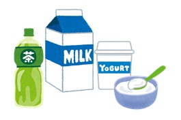 お茶や果物や乳製品（プレーンヨーグルトなど）のイラスト