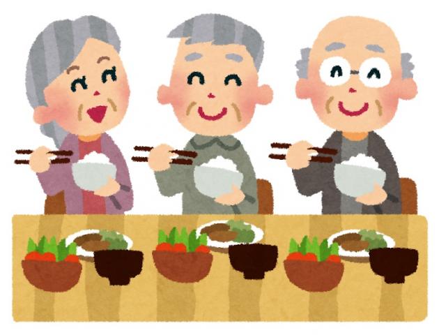 高齢者が3人並んで食事しているイラスト