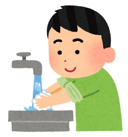 調理を始める前に、黄緑の服を着た男性が水道で手洗いをしている所のイラスト