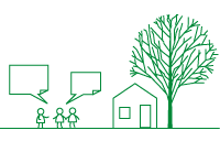 木と家と3人が話しているイラスト