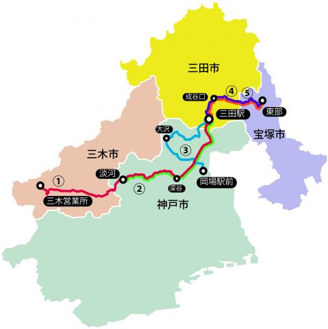 三田市周辺を走る路線バスの地図