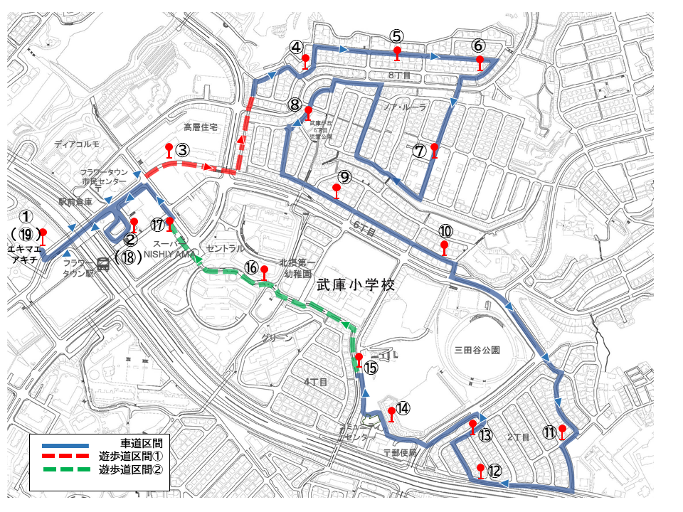 武庫が丘を走るルートの図。エキマエアキチから武庫が丘を循環するルート。